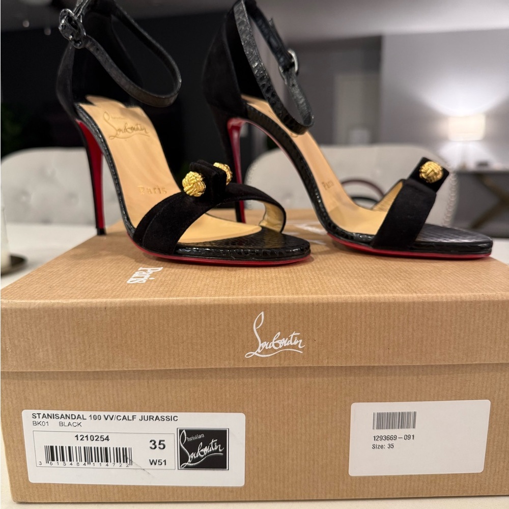 Christian Louboutin Black Suede Stani Sandal with Gold Details